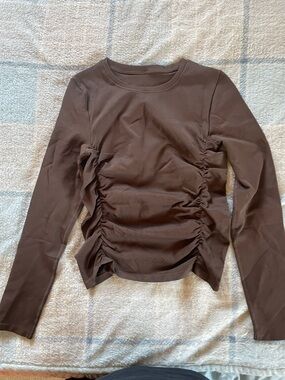 Ruched Brown Long-Sleeve Tee